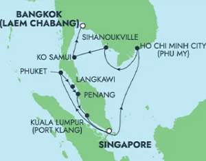 Map of NCL Norwegian Sun Cruise Route from Singapore to Bangkok