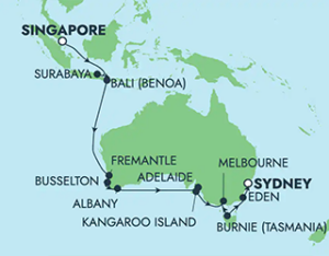 Map of NCL Norwegian Spirit Cruise Route from Singapore to Sydney