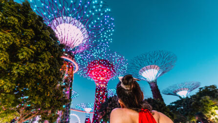 Woman in a red top watching the light show at Supertree Grove at Gardens by the Bay, Singapore.
